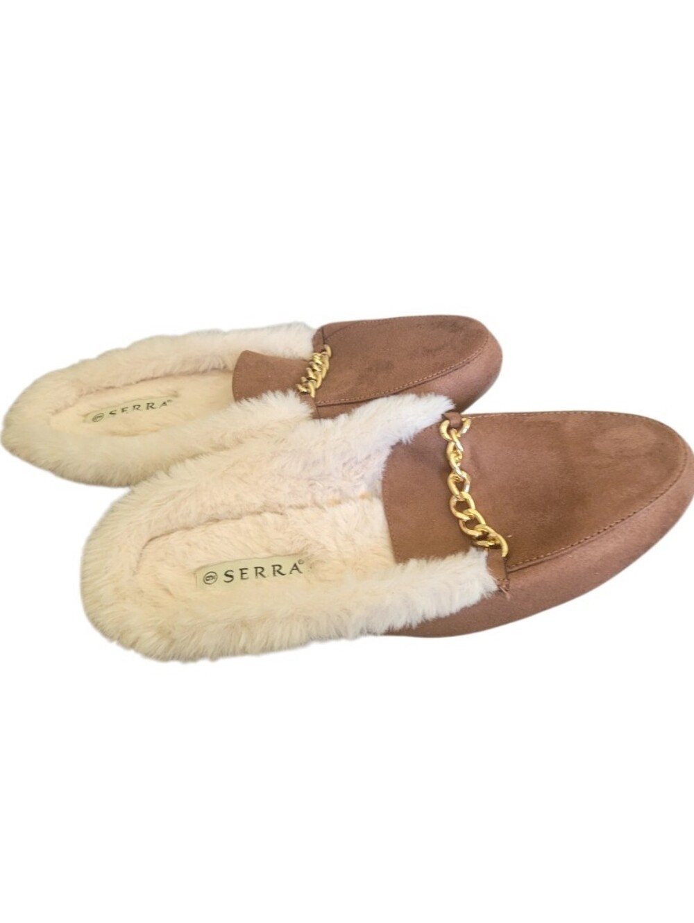 Serra Tan Faux-Suede Shearling Mules with Gold Chain Sz 9